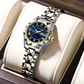 Women's two-tone silver and gold steel watch with blue dial and diamond indices - Gold Band Blue Dial Women