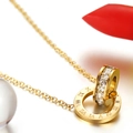 Gold-plated titanium steel necklace with Roman numerals and crystal paved double ring charm - White Zirconia Necklace / Gold