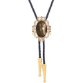 Brown agate crown bolo tie with black braided leather cord and golden metal tips - 30 (Gold with Brown Marble)