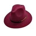 British style wine red felt fedora hat with elegant gold chain and black leather band - One Size / Burgundy
