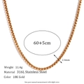18K gold plated 316L stainless steel square pearl chain necklace in 60+5cm length - 2mm Cube Box Chain-Gold Necklace-60cm+5cm