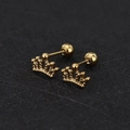 Macro detail of gold crown stud earrings with screw ball back in polished titanium steel - Crown / Gold