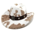 Western cow print cowboy hat with faux fur finish and decorative star leather band - M (56-58cm) / Straight Crown Khaki