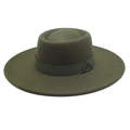 British style olive green wool felt flat top hat with wide brim and ribbon decoration - M (56-58cm) / Army Green