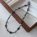 Tiger eye and cat-shaped shell beaded necklace with grey pearls and faceted stones - Obsidian Mother of Pearl Necklace XL0321