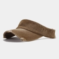 Détail du bord usé sur la visière de soleil marron avec texture denim effet déchiré - Réglable / Brun Foncé