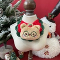 Detailed view of a festive Christmas pet bib featuring a plush bear head on a red collar - One Size / Apple