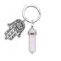 Hamsa hand keychain with natural pink crystal hexagonal bullet pendant on silver metal ring - Rose Quartz
