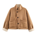 Camel faux suede jacket with fleece lining, stand collar, and buttons in a flat lay view - S / Earthy Yellow