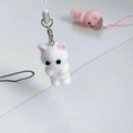 Y2K flocked kitten phone charm in white with pink bow and silver lobster clasp - Phone Strap / White