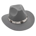 Detail of gray wool felt fedora featuring a white leather belt with vintage metal conchos - Light Gray