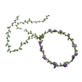 Detail showing purple roses and green leaves on a woven bridal flower wreath headband - Purple