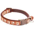 Brown nylon pet collar with white paw prints, adjustable buckle and metal bell - JY Paw Print / Coffee