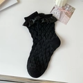 Black Lolita socks featuring silk ruffled lace and intricate jacquard texture design - One Size / Black Dots