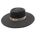 Retro charcoal grey wide-brim wool felt hat with geometric ethnic embroidery band - M (56-58cm) / Dark Gray