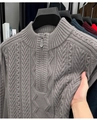 Men's half-zip cable knit sweater in grey with premium ribbed texture and thick fabric - M / Camel
