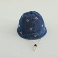 Blue denim bucket hat for toddlers featuring embroidered small bear patterns and chin strap - Embroidered Capybara-Dark Blue