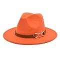 Detail of orange wool fedora hat featuring a classic gold chain buckle and brown band - M (56-58cm) / Orange