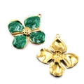 Golden and green enamel four-leaf clover pendant charms for DIY jewelry making - Flower No.8 / 39x42mm / Green