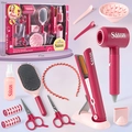 Pink salon toy set for girls with hair dryer and styling accessories in box packaging - 15pcs Hair Salon Dryer and Straightener Set
