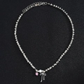 Elegant beaded bracelet with silver bow, faux pearl, and pink crystal heart on black background - Pink Heart Bowknot Black & Silver Bead Bracelet (6216101)