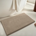 Absorbent beige chenille bath mat with non-slip texture on white bathroom tiles - 40*60cm / Sand Camel