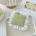 Green fabric drink coaster with 3D dots and white lace trim in a vintage home setting - Pastoral Green