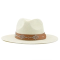 Creamy western straw sun hat with brown leather band and silver metal rivets decoration - Milk White