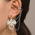 Silver punk dragon ear cuff wrap with chains and intricate scale texture for women - Rhodium Chain Style