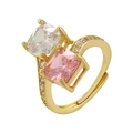 Golden open ring featuring square-cut pink and white zircons with side pavé setting - Gold Pink Zirconia