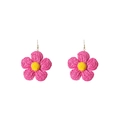 Detail of pink and yellow handmade raffia flower earrings with gold metal hooks - Rose Red