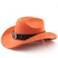 Detail of orange western felt hat featuring leather belt with silver bull head buckle - M (56-58cm) / Orange