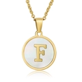 Minimalist 18K gold stainless steel necklace featuring a round pearl shell letter F pendant - White Mother of Pearl Letter F