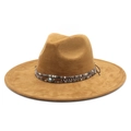Brown wide brim suede fedora hat with metal rivets and blue evil eye charm detail - M (56-59cm) / Khaki Suede