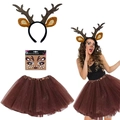 Reindeer holiday set with antler headband, brown tutu skirt and face stickers - New Black Headband 3Pcs Set