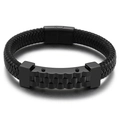 Men's black woven leather motorcycle bracelet with textured black wave metal plate - 21cm / Black (KB151033-KFC)