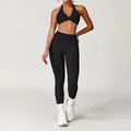 Damen Yoga-Set in Schwarz mit Halter-Sport-BH und hoch taillierter Fitness-Leggings - S / Sport-BH + Leggings / Premium Schwarz