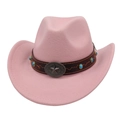 Close-up of pink felt cowboy hat with turquoise studs and star metal buckle - One Size / Pink (Bronze Star)