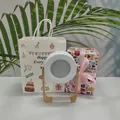 Portable LED lantern night light with white round body and wooden handle in gift setting - Birthday Bag + Cupid Gift Wrap / White