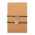 Sisters butterfly friendship bracelets set with black woven cord on brown display card - Butterfly Sisters (ZJ6742) / Set of 2