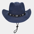 Detail of navy straw cowboy hat featuring leather band with metal studs and wind rope - Navy Blue