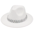 White felt fedora hat featuring a stylish rhinestone-encrusted silver chain accent - White