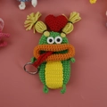 Handmade green knitted sausage mouth monster key case with yellow belly and heart - Green Dragon