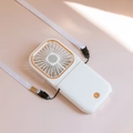 Portable white handheld foldable neck fan and power bank with golden trim and lanyard - Foldable Stand White