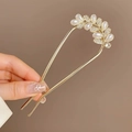 Elegant U-shaped hair pin with gold leaves, white teardrop pearls and zircon stones - U-shaped Pearl Diamond - Gold