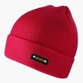 Detail of rose red ribbed knit beanie featuring sport label with metal rivets - Rose Red