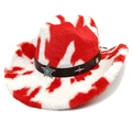 Détail d'un chapeau de cowboy en peluche à imprimé vache rouge avec ruban noir et étoiles - M (56-58cm) / Couronne Droite Rouge