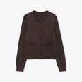 Classic dark brown knit cardigan with button closure, crew neck, and front patch pockets - S / Coffee
