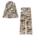 Women's earth-tone printed set featuring a long-sleeve shirt and wide-leg trousers - XS / Top And Bottom