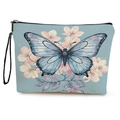 Hellblaue Make-up Tasche aus Canvas mit Schmetterlings-Blumendruck und Handgelenkschlaufe - Blauer Schmetterling Komposition 4 (xy-073-4) / 17*25cm Mit Gurtband